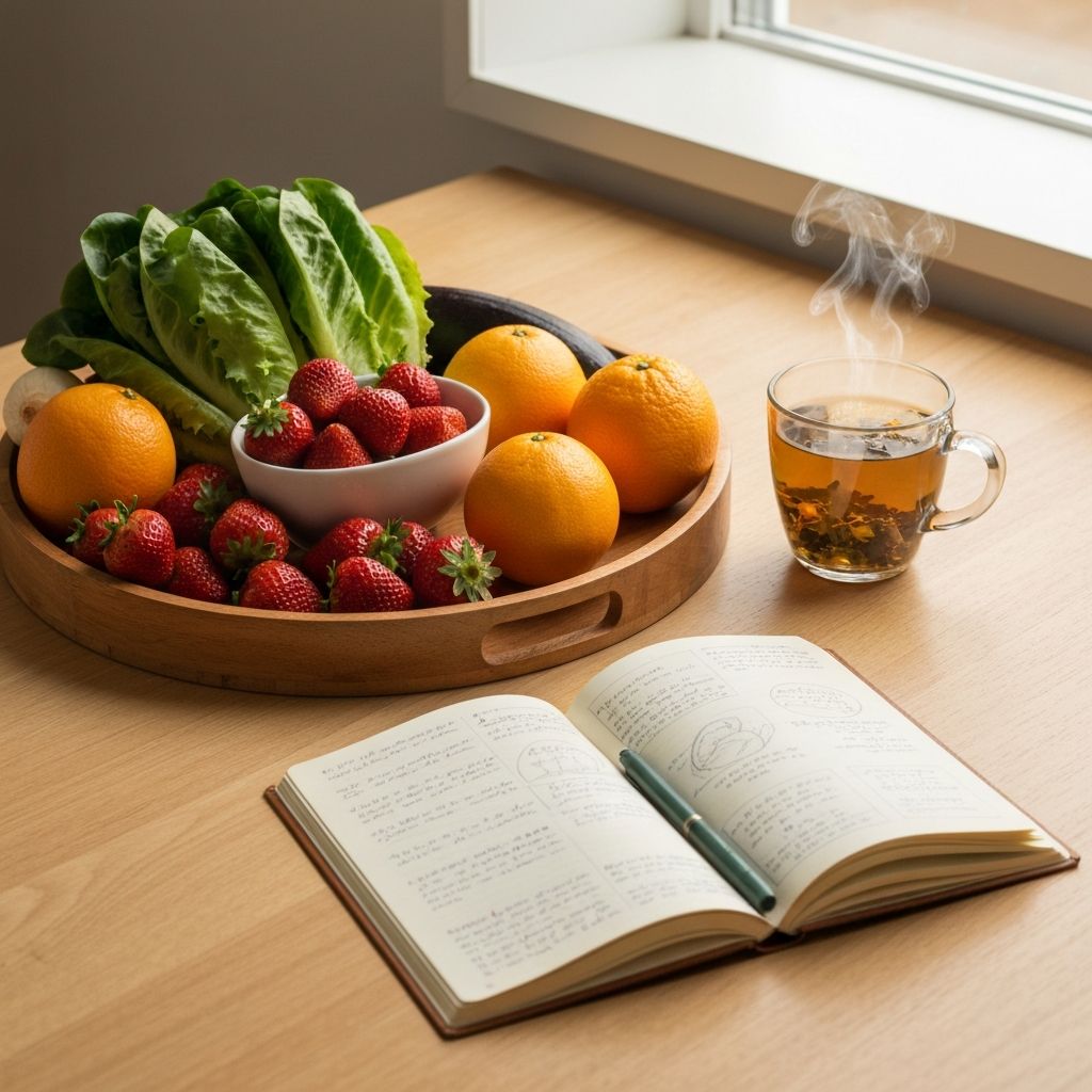 Round wooden tray with fresh produce, journal and tea