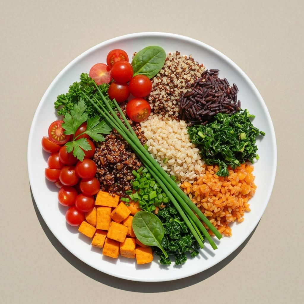 Balanced circular plate with nutritious vegetables and whole grains