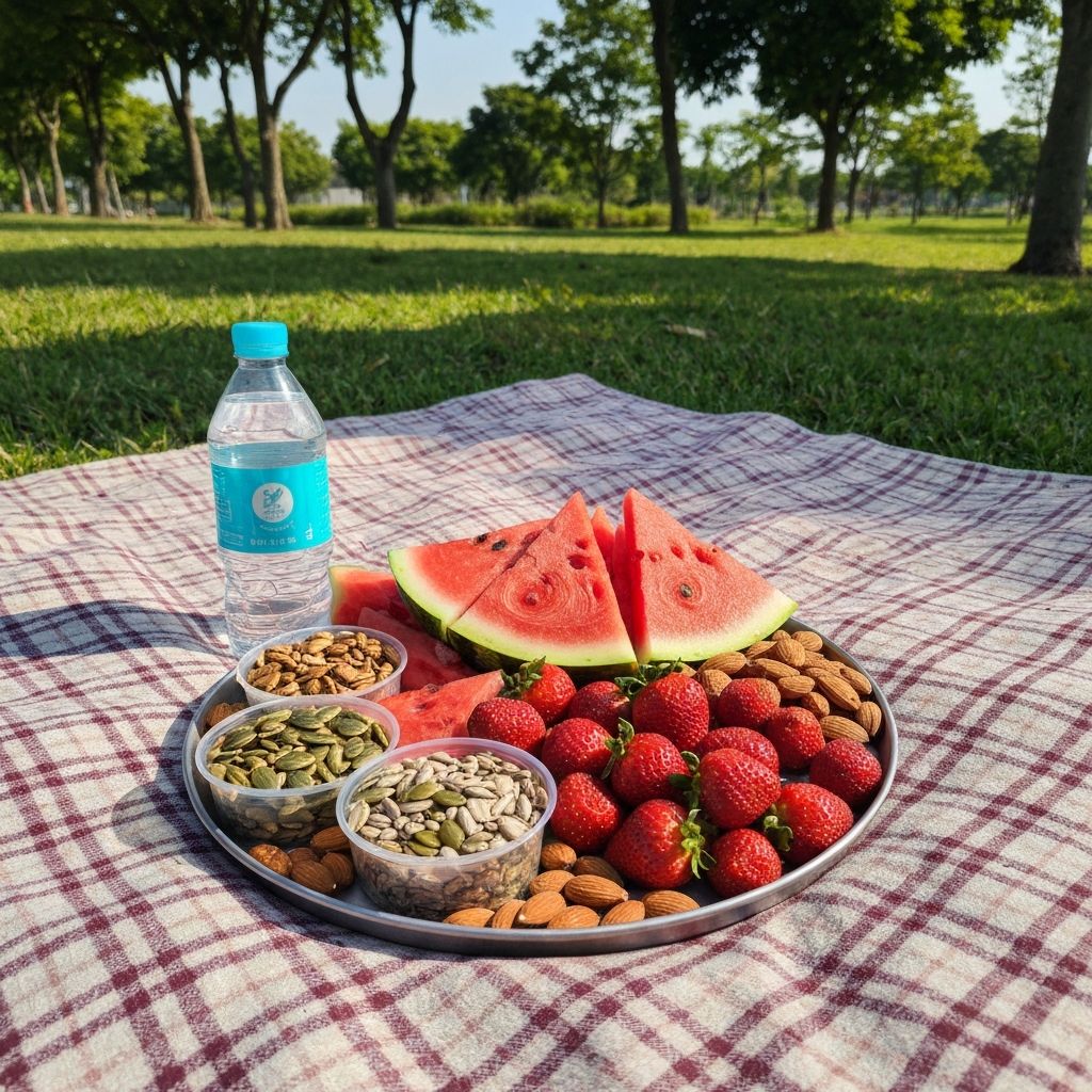 Healthy snacks on circular tray in outdoor setting