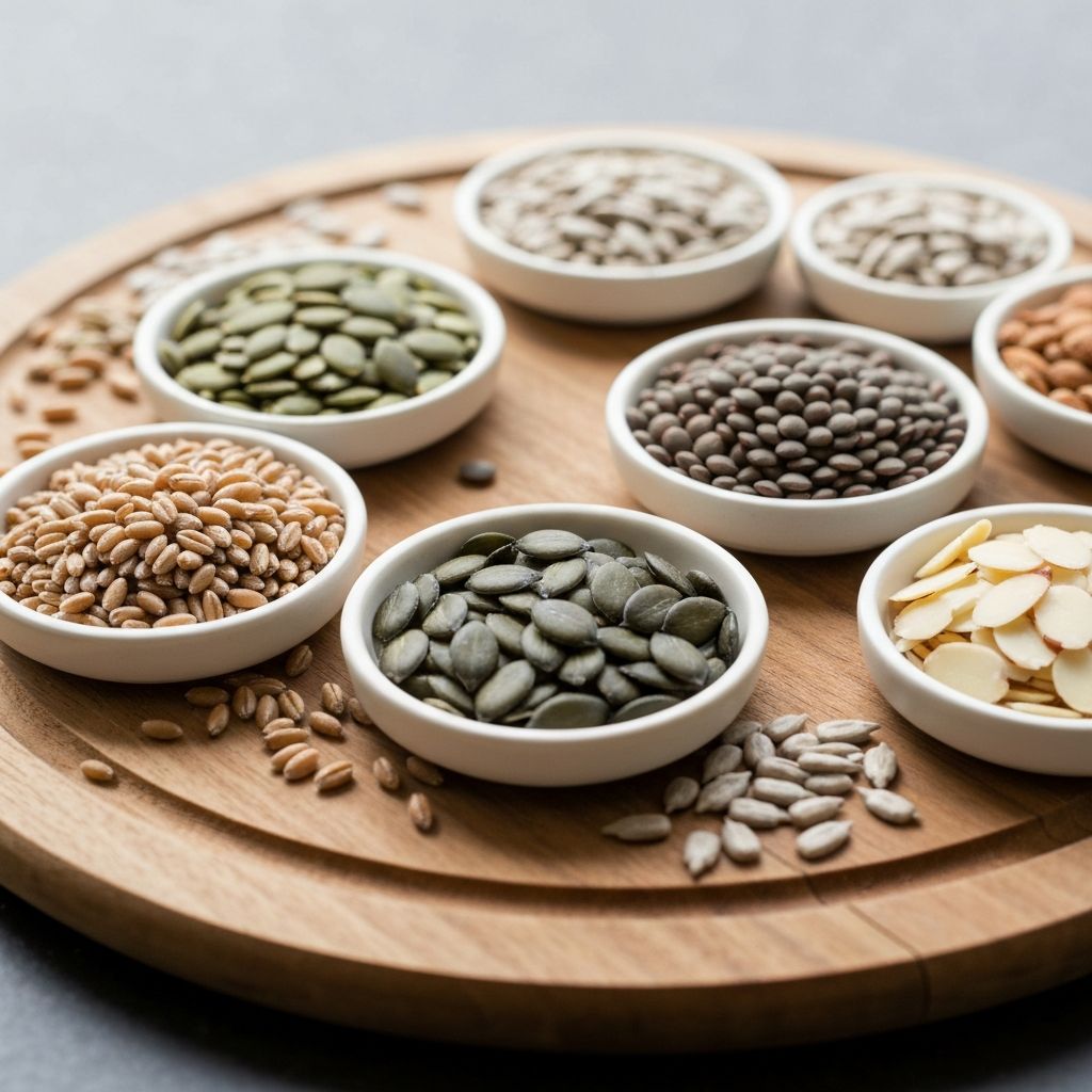 Whole grains, nuts and seeds in circular bowls